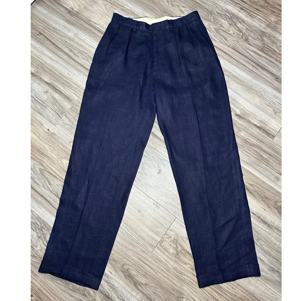 Vintage Polo Ralph Lauren Mens Navy Blue 100% Linen Pleated Trousers Pants 33x32